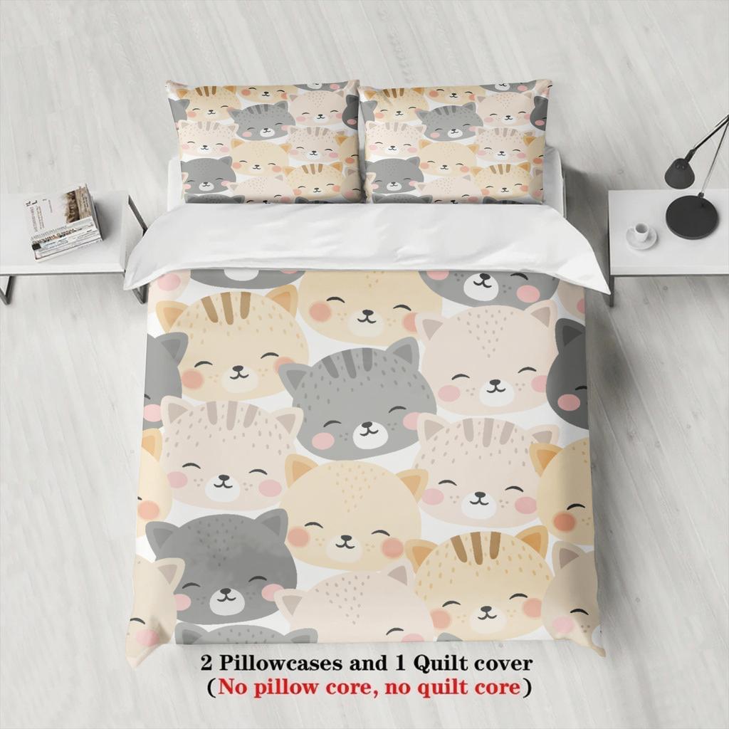 3pcs 100% Polyester Cute Cat Face Bedding Sets 3D Printed Cartton Animal Pattern Single Twin Queen King Size Duvet Cover Sets