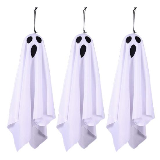 3 ks Halloweenských závěsných duchů 19,6" LED svítících venkovních létajících bílých duchů pro dekoraci předzahrádky, terasy, trávníku, zahrady, párty