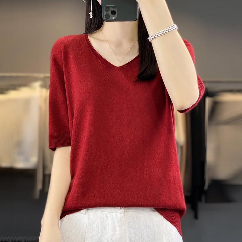 Camiseta de manga corta de verano para mujer, mezcla de 50 % seda morera y poliéster | Top informal ligero, transpirable y ajustado