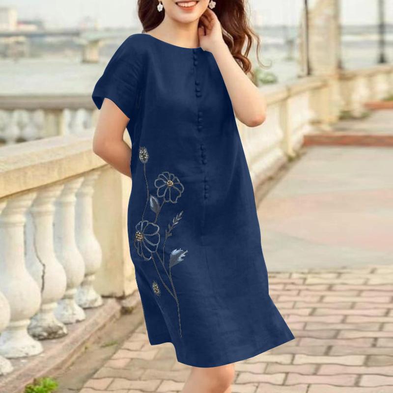 

ZANZEA Женское летнее повседневное платье с круглым вырезом, коротким рукавом и принтом 4XL тёмно-синий