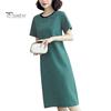 Women Casual Striped Middle Dress Short Sleeve Loose Round Neck Summer Lightweight Comfortable Office Beach Party Dress