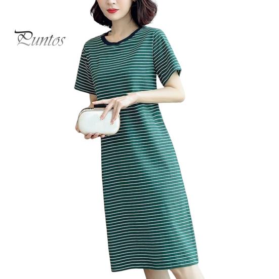 Women Casual Striped Middle Dress Short Sleeve Loose Round Neck Summer Lightweight Comfortable Office Beach Party Dress