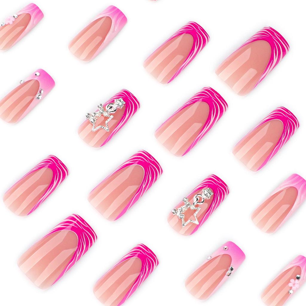 3D Star French Floral Rhinestone Gradient Square Nails - Medium-Long Luxury Wearable Nail Tips