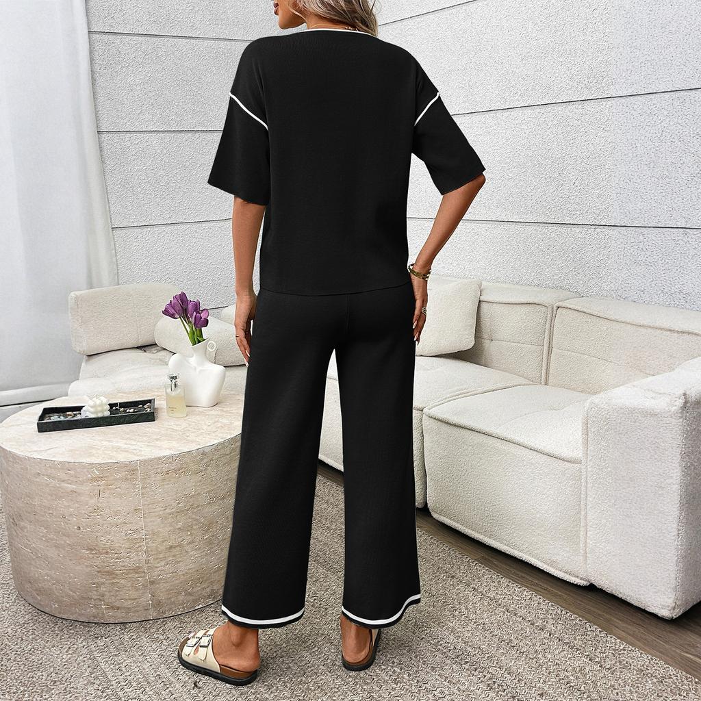 Dámský módní barevný kulatý výstřih krátký rukáv Top, Kalhoty Ležérní dvoudílná sada