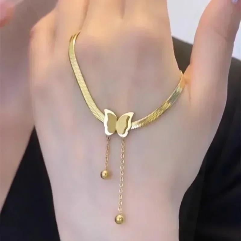 Stainless Steel Butterfly Pendant Neck Necklace for Girls Women Charm Snake Chains Choker Waterproof Zircon Valentine Day Gift