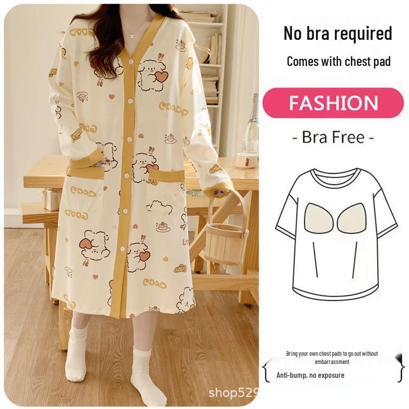 Breathable Maternity Nightgown with Built-in Bra for Labor, Breastfeeding, & Postpartum - Spring & Autumn Style