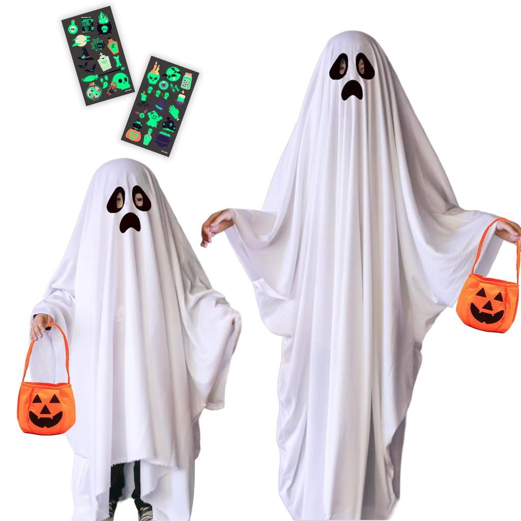 Buoniganuo Halloween Cosplay Kids Ghost Cape Costume Tattoo and Pumpkin Tote and Vampire Costumes for School Club and Family Adults and Girls and Size