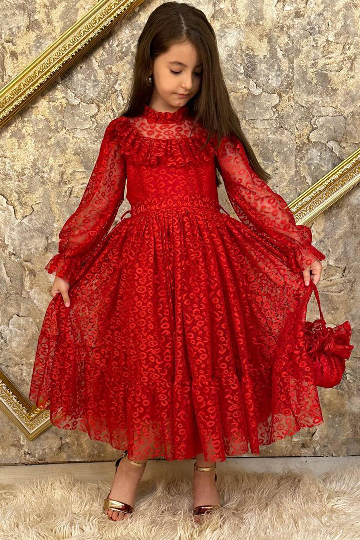 

Girl Child Collar Frilly Transparent Detailed Patterned Red Dress 10-13Years