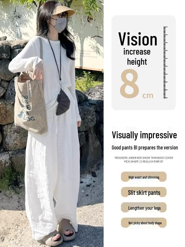 Women's White Cotton Linen Wide-Leg Pants - Slimming, Lightweight, Ice Silk, Casual Spring/Summer 2026