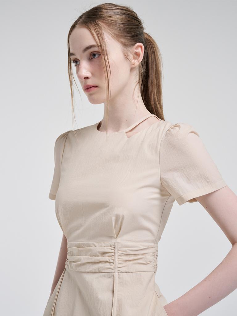 Etmont Neck Cut-Out Shirring Dress, Light Beige