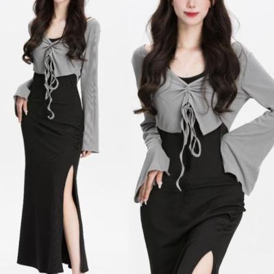 2023 Summer Sexy Retro Casual 2 Piece Dress Set Even Party Women Pure Color Cardigan + Black Midi Dress Korean Fashion Suits