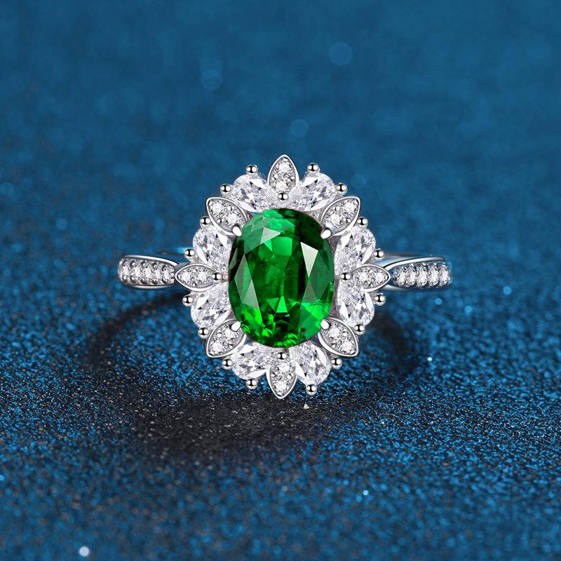 Women's 3.5 Carat Egg-shaped Ring: S925 Sterling Silver with Simulated Pigeon Blood Red, Green, and Nano Blue Stones and Full Diamond Accents.