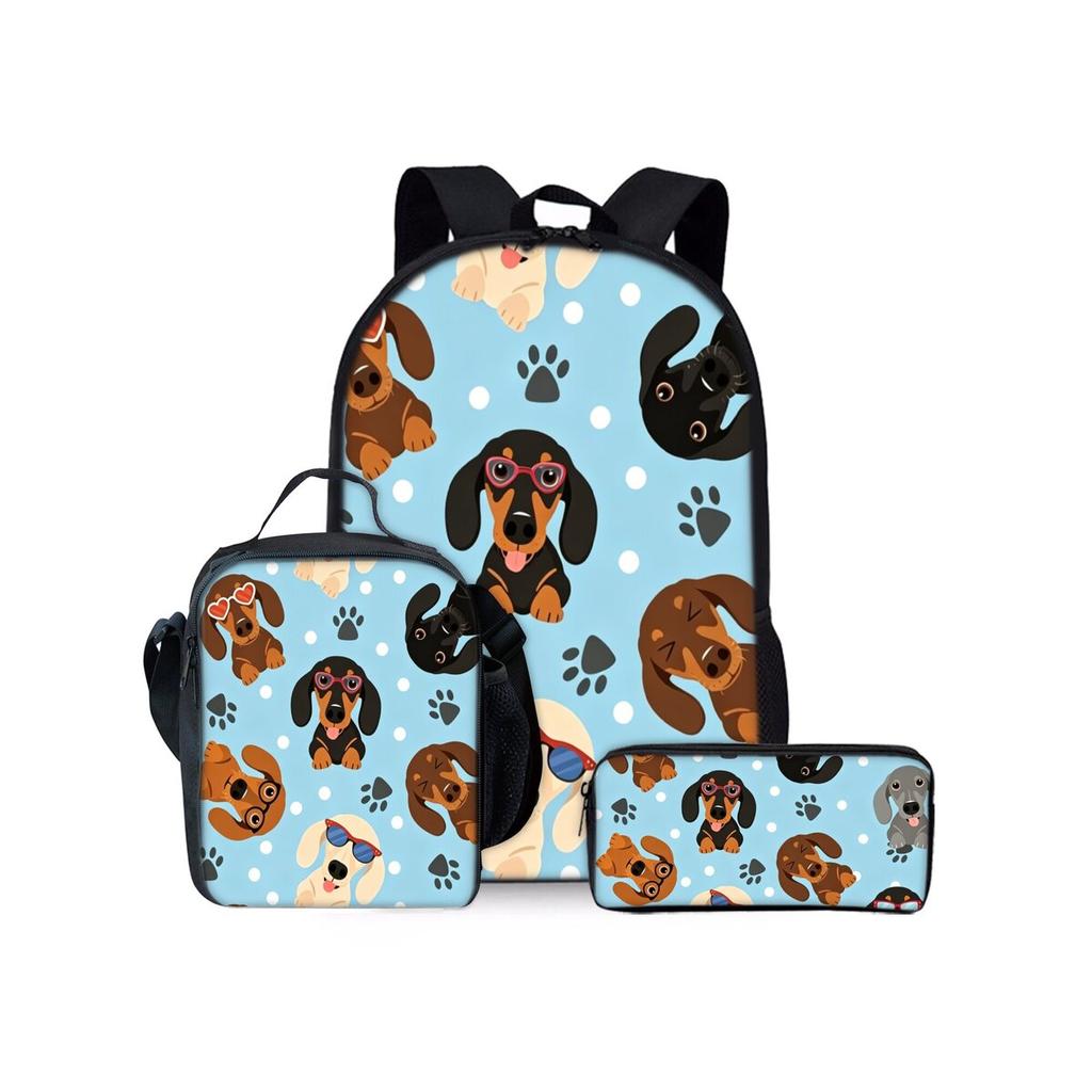 Cute Dachshund Print Cat Three Piece Backpacks Set for Boy and Girls Best Gifts 2D Flat Cartoon School Bag for Children