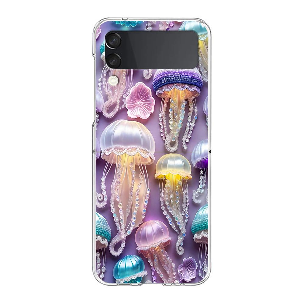 Phone Cover For Samsung Galaxy Z Flip 6 5 4 Case Transparent For Samsung Z Flip 3 Hard PC Foldable Shell Pink Jellyfish Oceanic