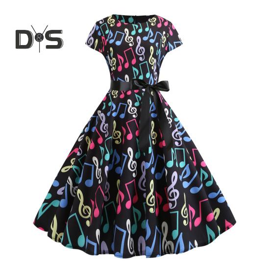 

Женское платье с принтом музыкальных гамм, круглым вырезом, бантом, поясом, узкой талией, А-силуэтом, большим подолом, цветными короткими рукавами, застежкой-молнией сзади, женское платье миди XL чёрный