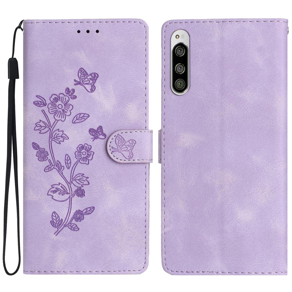 Flower Imprint Leather Case for Sony Xperia 5,Wallet Stand Mobile Phone Protective Cover