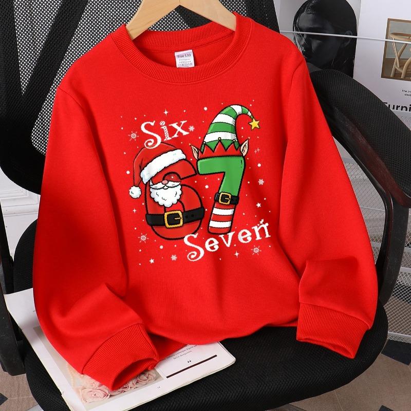 Kids Fashion Crewneck Sweatshirt, Six‑Seven Santa Elf Christmas Numbers Print,Casual Sportswear for Spring & Autumn