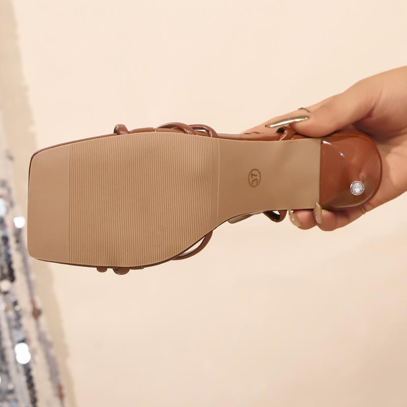 Brown Pu Sexy Lace Up Sandals Women 2025 Summer Super High Heels Ankle Strap Sandals Women Cross Strap Square Toe Party Shoes