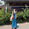 Seaside Vacation Wind Blue Floral Suspender Dress Women's Summer New Niche Pure Desire Wind Waist Thin Dress