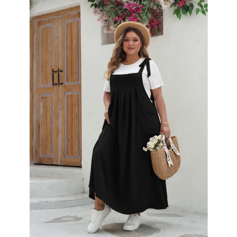 Frühling Sommer Große Größe Locker Lässig A-Linie Latzkleid Neu Damen Einfarbige Elegante Ärmellose Party Urlaubs Langes Kleid Einfache Mode Kleidung