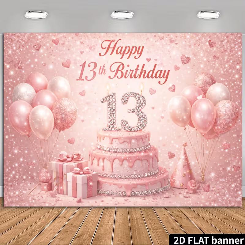 2D Pink Glitter Happy 13th Birthday Backdrop with Diamond Cake and Balloons 47.2x31.5inch/120*80cm