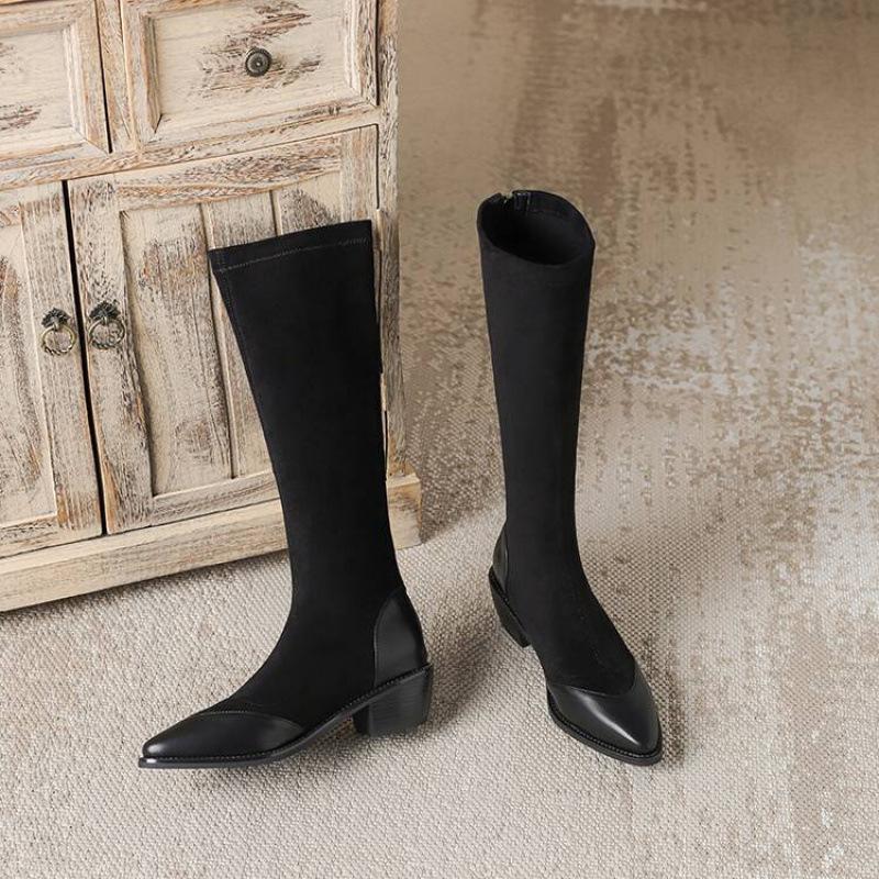 Autumn and winter middle heel Martin boots women's rubber sole large size women's boots solid color pointed square heel suede leather boots high bo