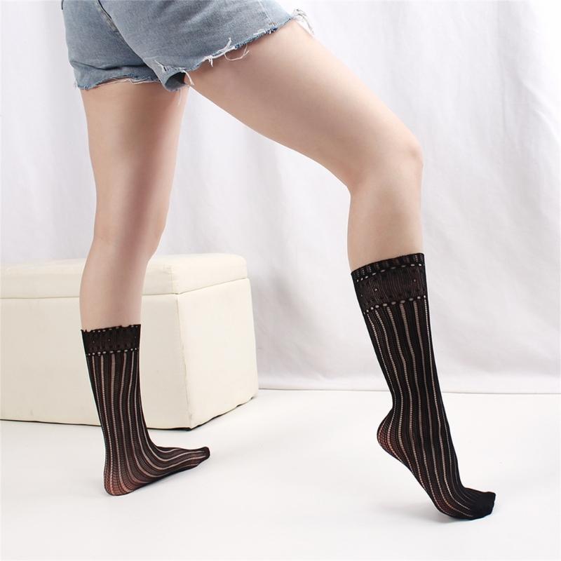 1 Pair Japanese Styles Fishnet Mesh Hollowout Patterned Stockings Breathable Thin Middle Calf Socks for Women and Girls