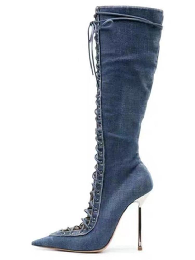 2025 Vår/Sommer Ny Snøring Korte Kule Støvletter Sideglidelås Bankett Slim Fit Høy Hæl Sexy Knelange Damestøvletter