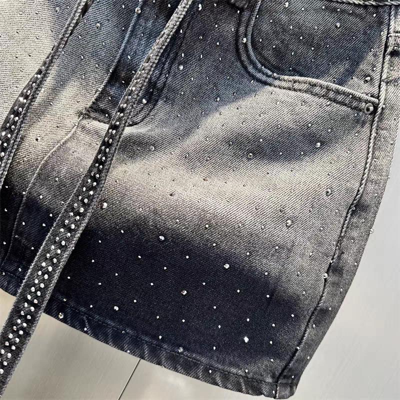 Damen Plus Size High Waist Jeansrock mit Strasssteinen - Retro Farbverlauf A-Linie Sommerrock