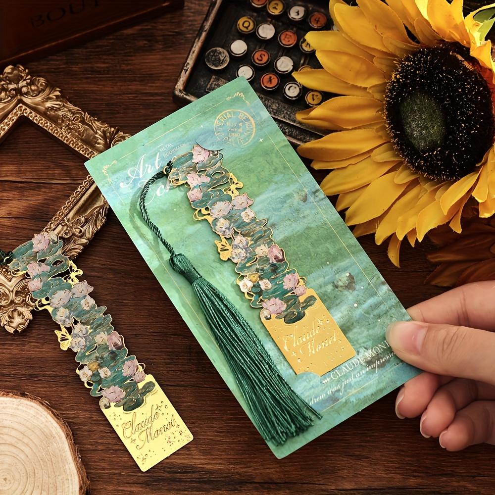 1pc Van Gogh Inspired Golden Hollow Metal Bookmark Artistic Oil Painting Design with Tassel, 8 Unique Window Shapes for Book Lovers