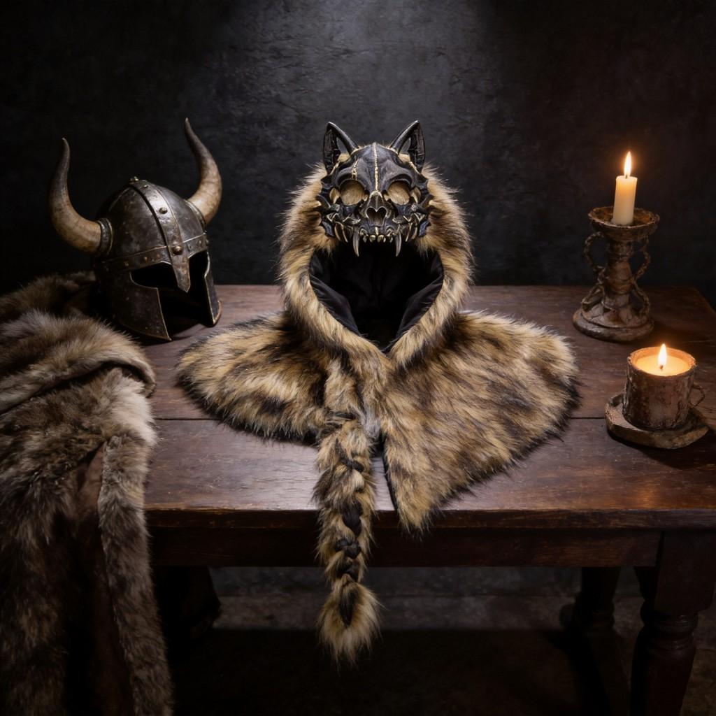 Vikingovský kostýmový plášť s umělou vlkou srstí a lebkou pro halloweenskou párty Cosplay