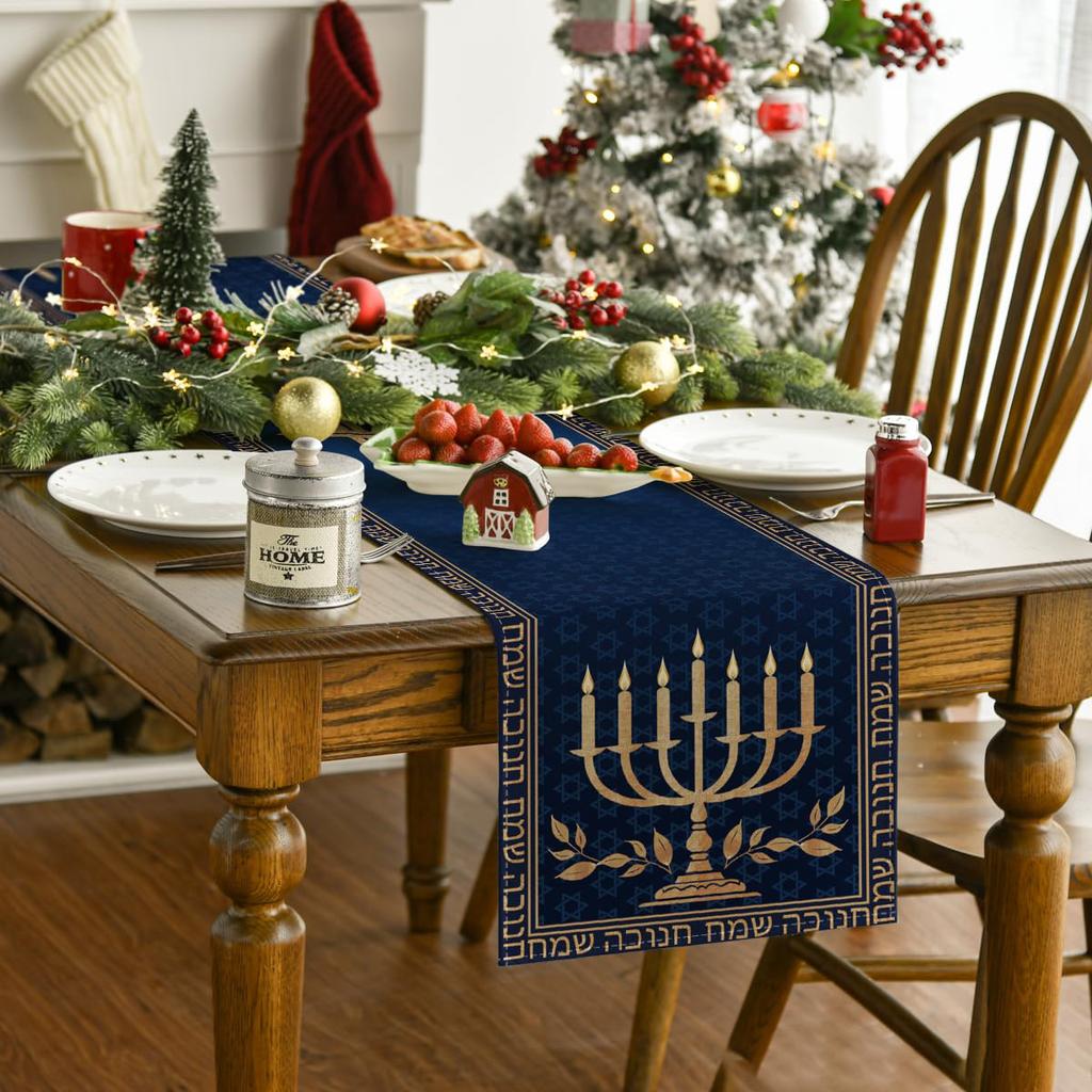 Candle Menorah Hanukkah Table Runner, Hexagram Chanukah Holiday Kitchen Dining Table Decoration for Home Party Decor
