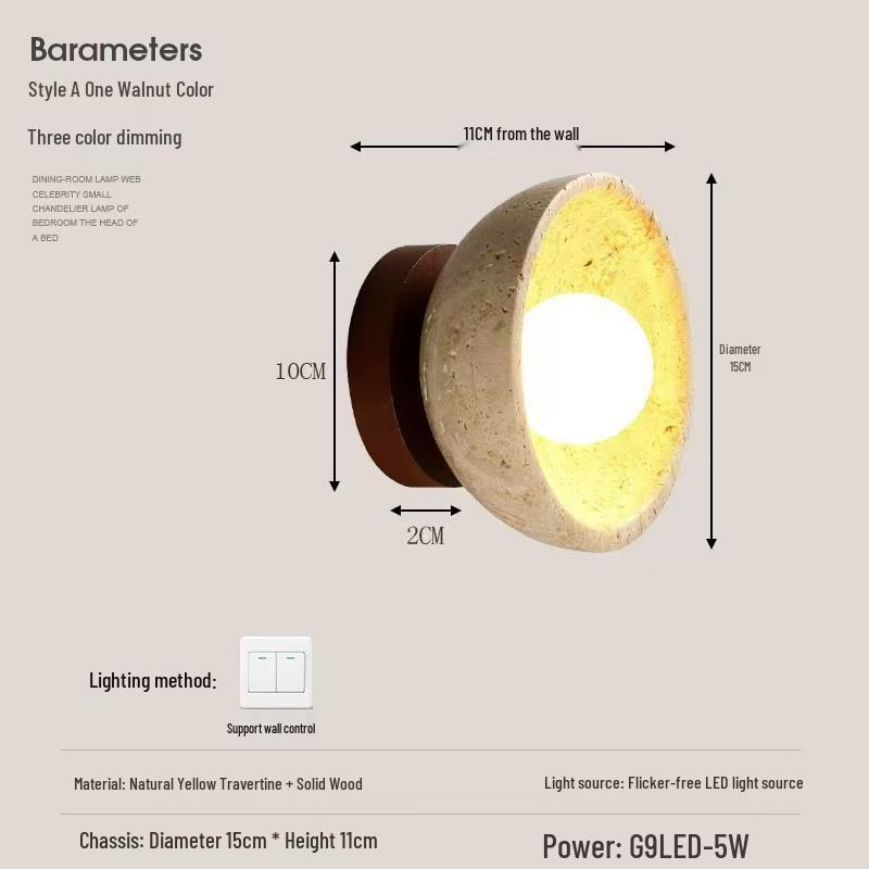 Japanese Wabi-Sabi Style Wall Lamp, Yellow Travertine Round, for Bedrooms, Restaurants, and Hallways