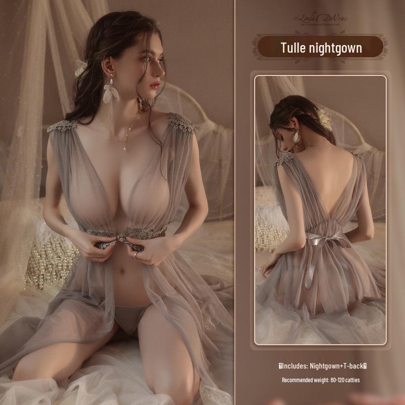 

Женская летняя прозрачная кружевная пижама - Сексуальная с вырезами, ночная сорочка-камисоль с открытой спиной One Size (40kg to 65kg)