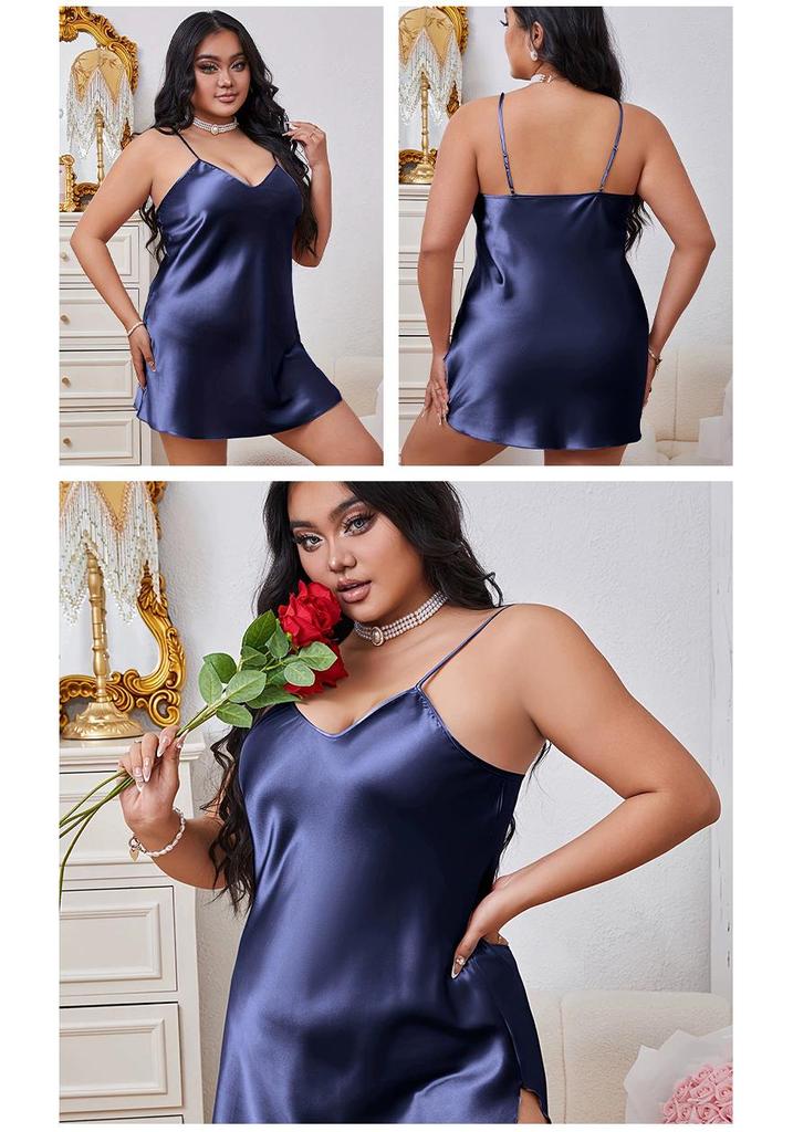 Plus Size Women's Silk Satin Camisole Nightgown with Slit - Elegant, Comfortable, Slimming Design