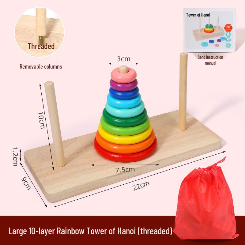 Children's 10-Layer Wooden Tower of Hanoi Puzzle - Educational Logic Game for Students