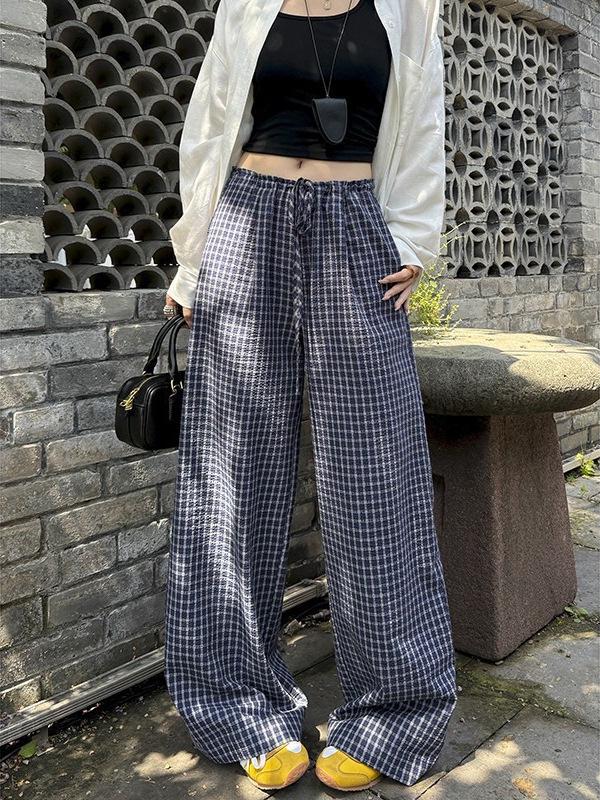 Women's Summer Blue Plaid Wide-Leg Cotton Drawstring Pants - Retro Texture, Thin, Loose, Casual