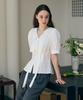 Deuloupisumeon Tuck Puff Short Sleeve Tie Blouse [Sky Blue]