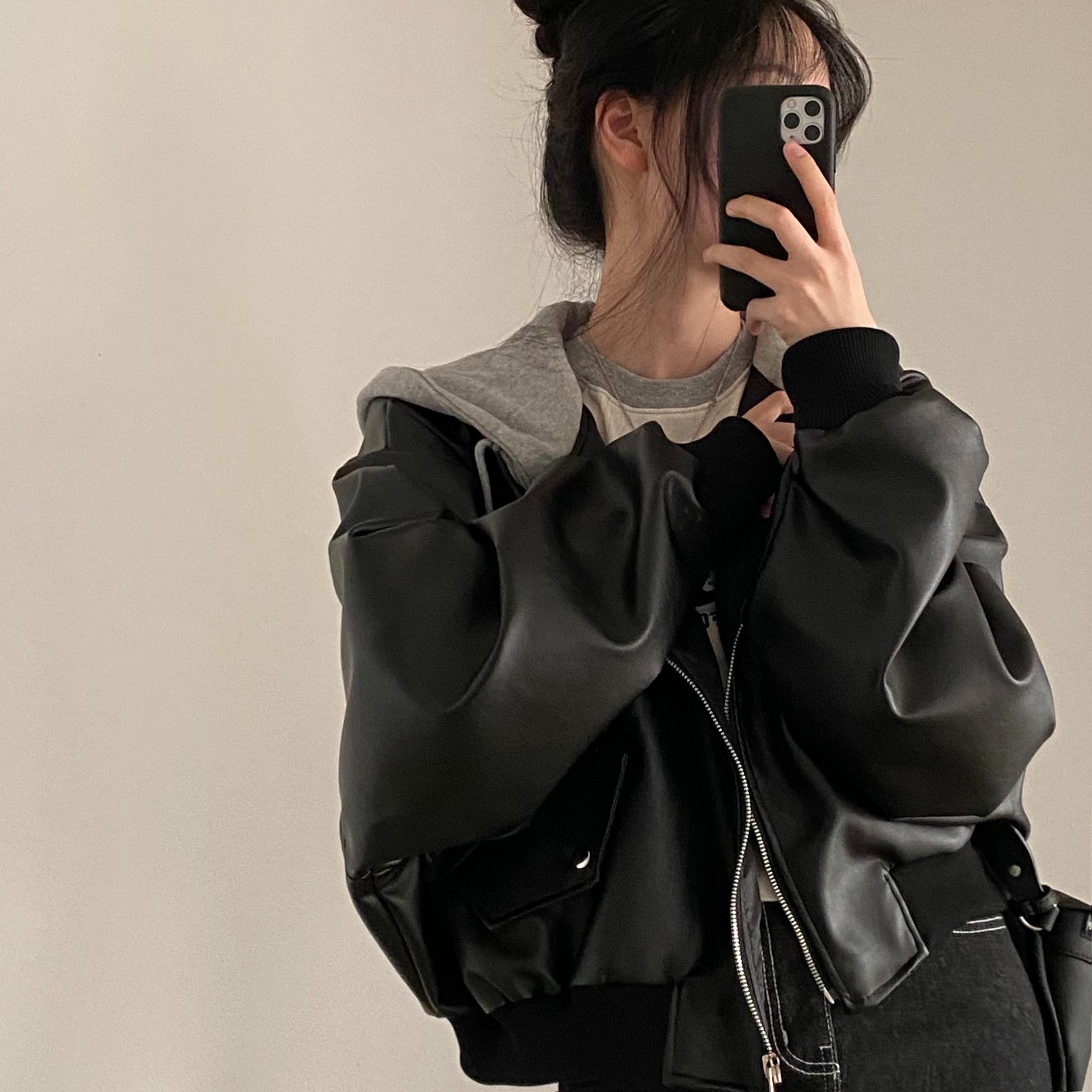 

Korean chic autumn and winter niche retro zipper double pocket casual loose and versatile fake two-piece hooded leather jacket One size fits all
