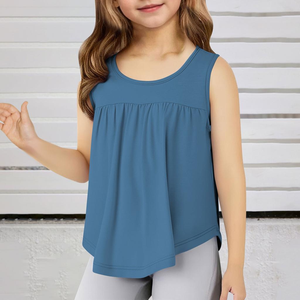 Children's Round Neck Casual Solid Color Sleeveless Pleated T-shirt Top