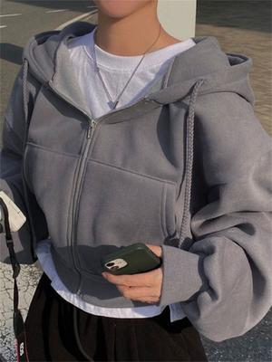 Draw String Hoodies Women Autumn Winter New Fashion Casual Long Sleeve Zip Up Hoodie Chic Loose Solid Sweatshirt