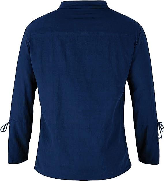 Men's 2023 Cotton Linen Long Sleeve Henley Shirt - Stand Collar, Casual Beach Style, European Size.
