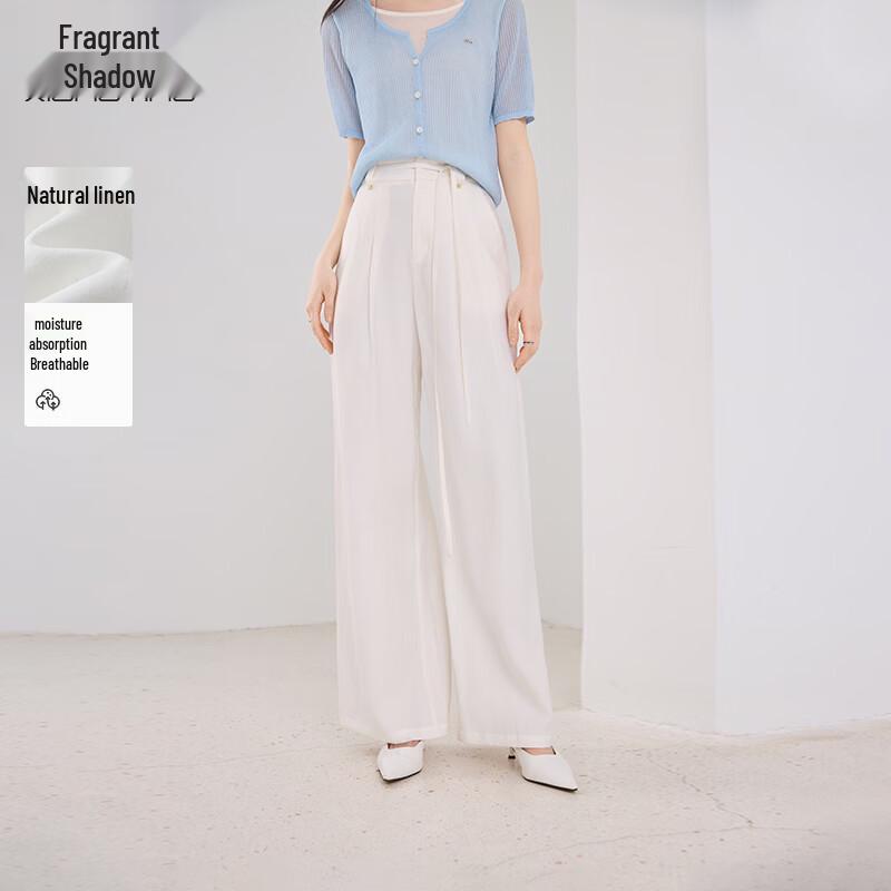 Xiangying Women s White Linen Blend Tie-Waist Suit Wide-Leg Pants L