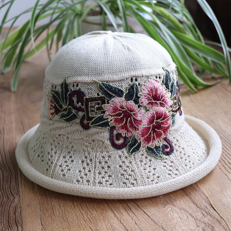 Vår og sommer etnisk vind broderi blomst sammenleggbar hatt dame strikkelue sandbøttehatt