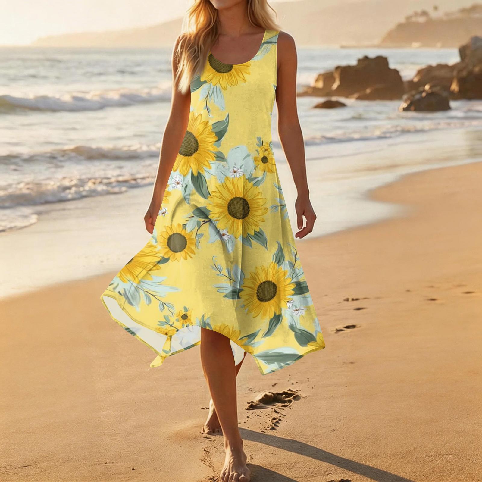 

Women s Casual Sleeveless Floral Print Dress Round Neck Asymmetric Hem Mid-Length Summer Dress Comfortable Fit Lightweight Fabric XL золотой