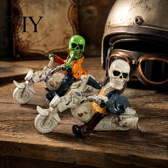 Motorcycle Skull Ornament Halloween Skeleton Riding Figurine, Gothic Spooky Statue for Home Gifts Collectors Garden, Resin Biker Decor Desk