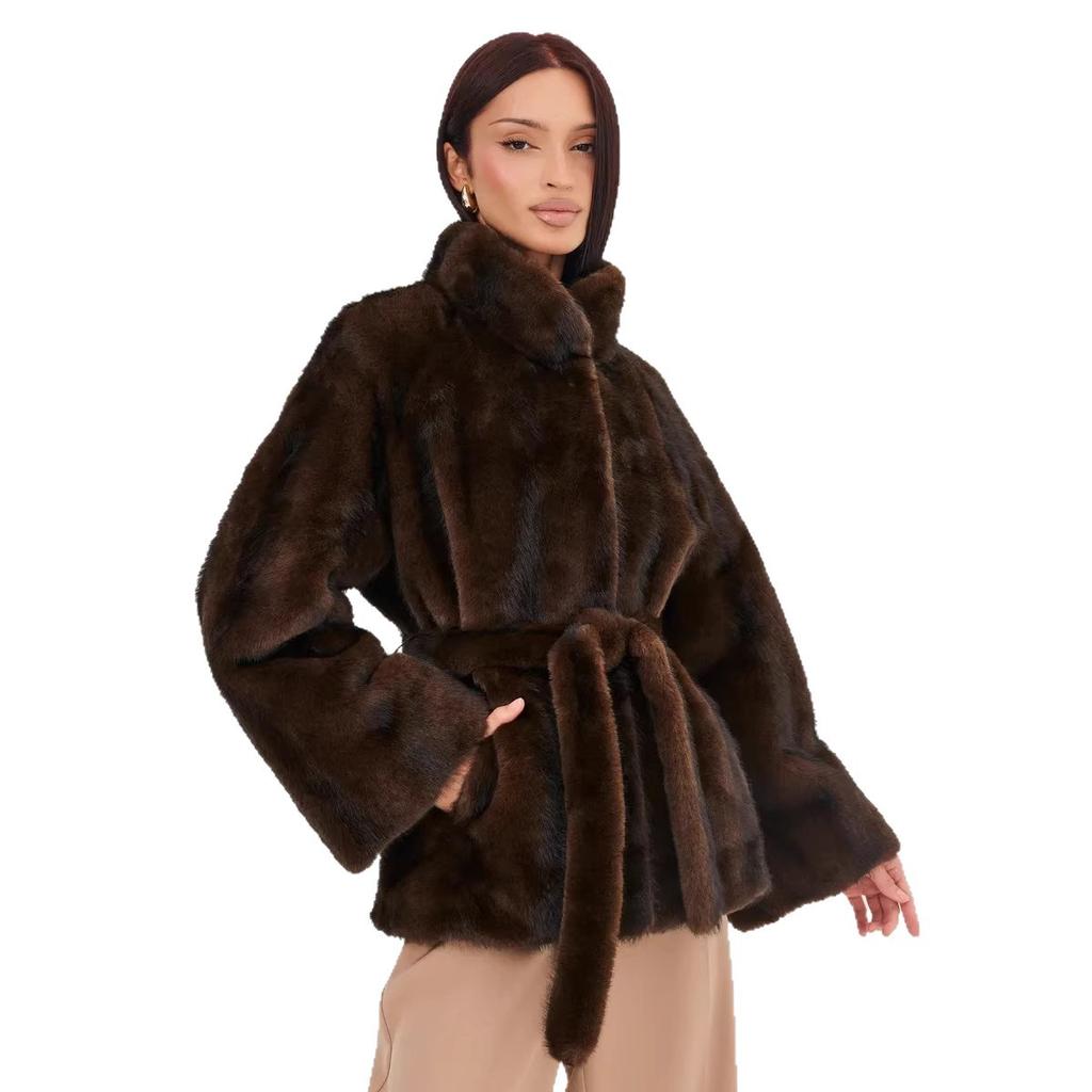 Russian women's imitation fur fur coat stand-up collar belt mink velvet thickened warm fur coat