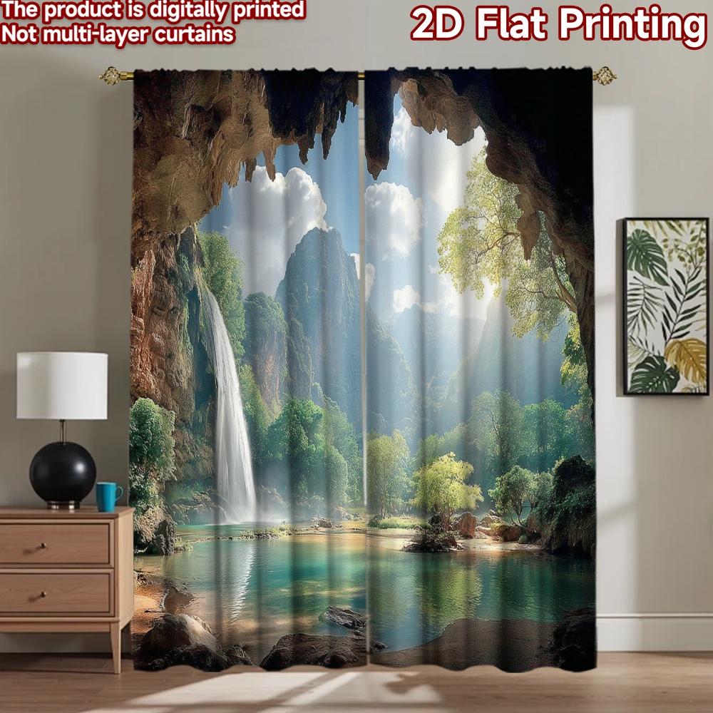 2D Flat Printing 2pcs Party Curtain Cave Waterfall Scenic Mountain Digital Printed Polyester Drapes Festive Holiday Use for