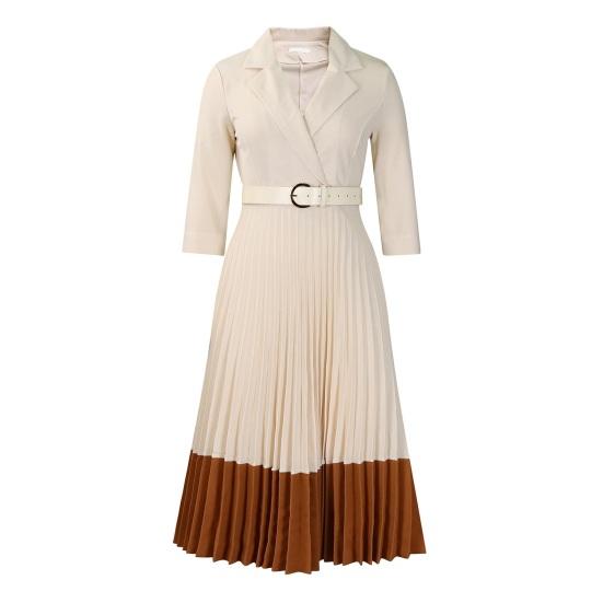Women's Long Sleeve Blazer Dress V Neck Notched Lapel Pleated Swing Midi Dress Business Office Work Dress with Belt