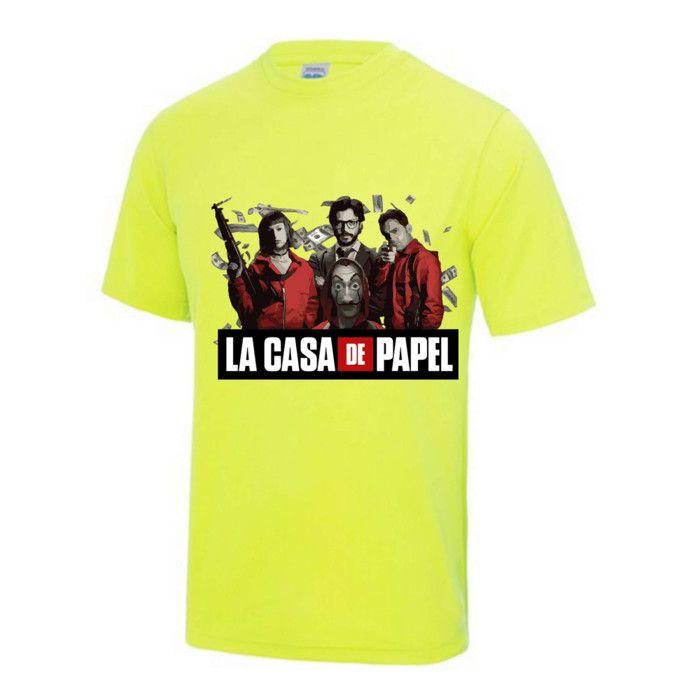 Tee shirt - Casa de Papel - Jaune fluo - 100% polyester - Manches courtes - Taille XS à XL